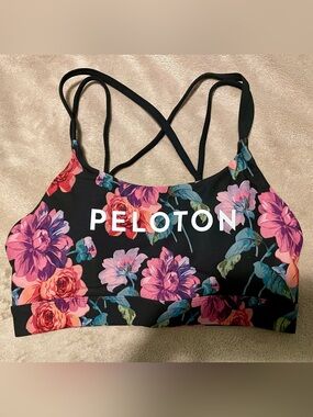 Peloton Black Floral Strappy Sports Bra with Pink & Blue Blooms